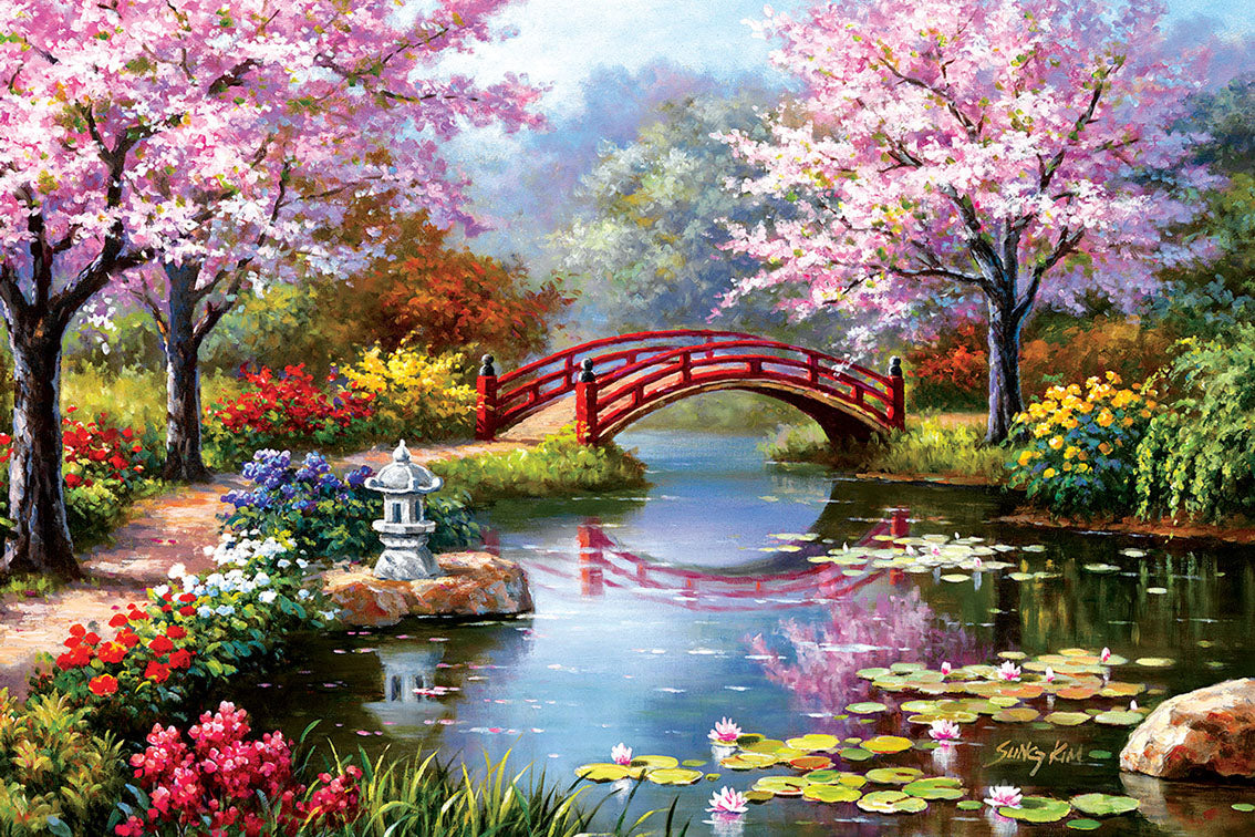 Cherry Tree Bridge River Flowers - Diamond Painting