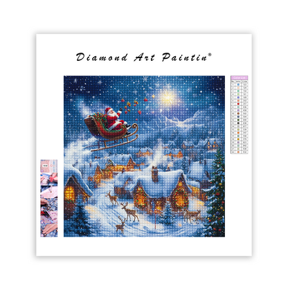 Santa's Sleigh Over Snowy Village - Diamond Painting