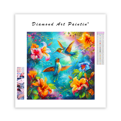 Hummingbird On Colorful Flowers - Diamond Painting