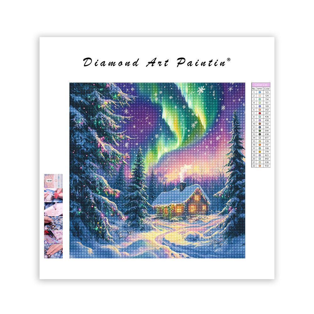 Northern Lights Christmas Cabin - Diamond Painting