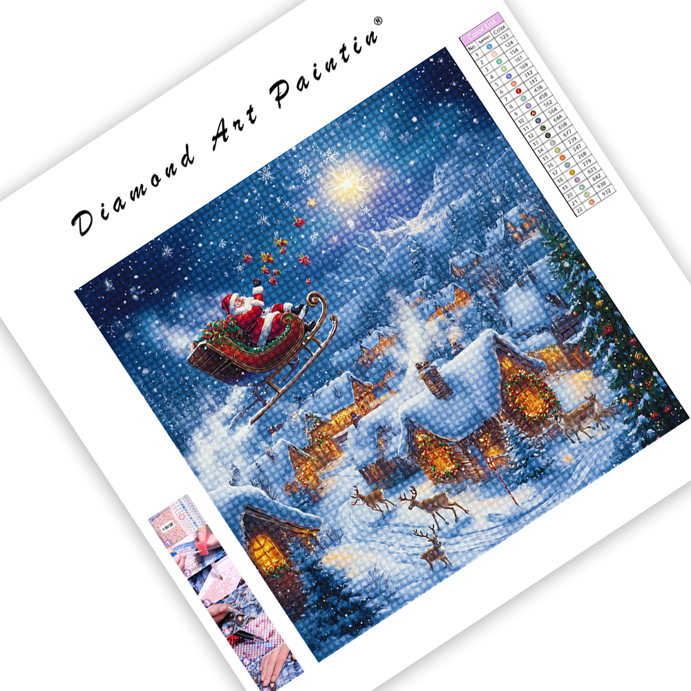 Santa's Sleigh Over Snowy Village - Diamond Painting