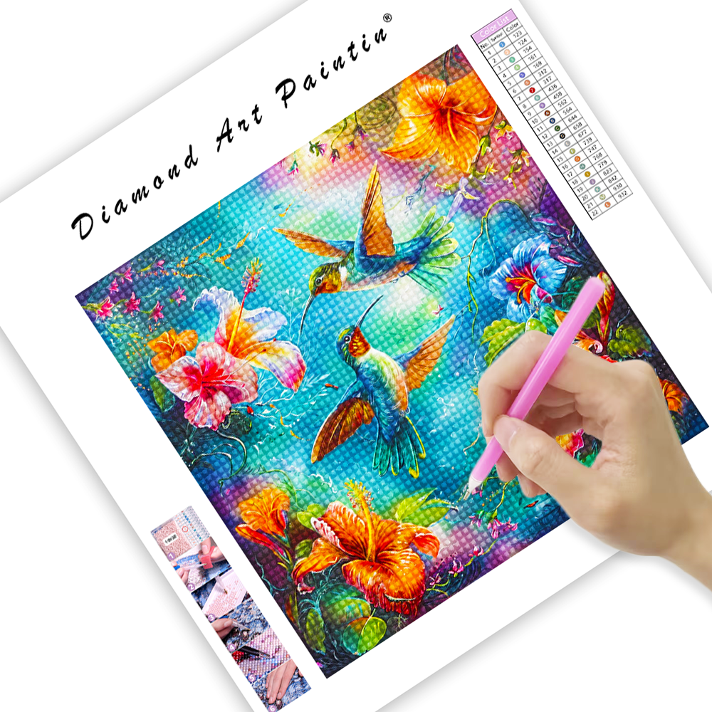 Hummingbird On Colorful Flowers - Diamond Painting