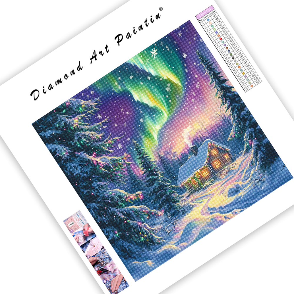 Northern Lights Christmas Cabin - Diamond Painting