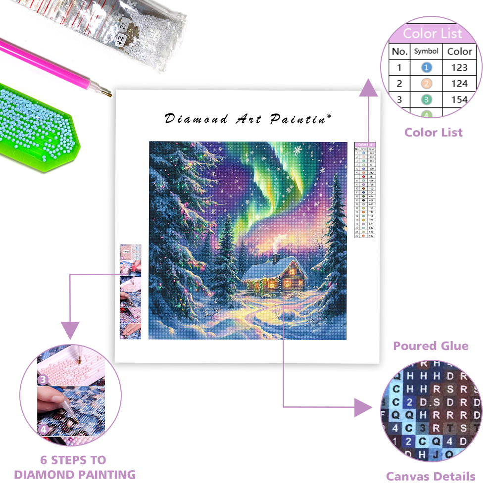 Northern Lights Christmas Cabin - Diamond Painting