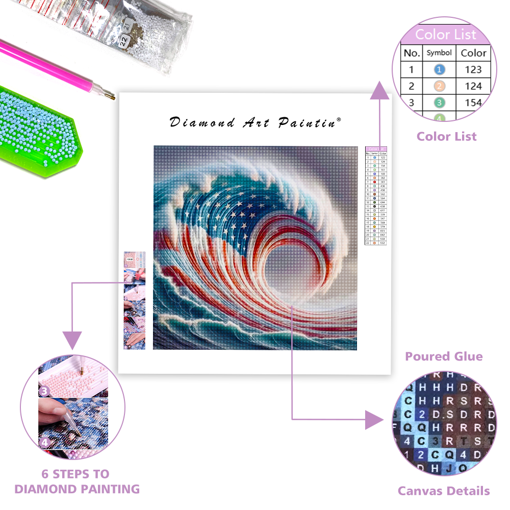 American Flag In Ocean Wave - Diamond Painting