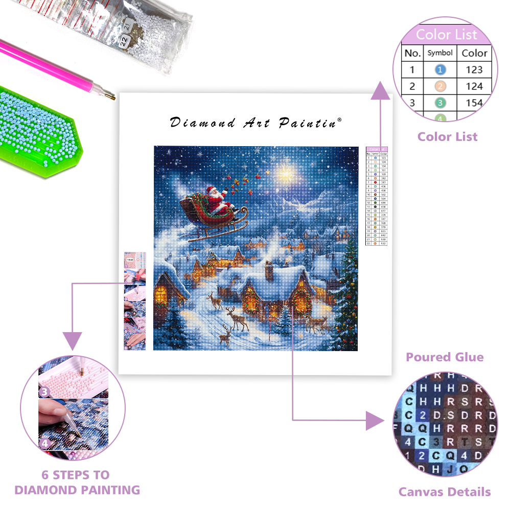 Santa's Sleigh Over Snowy Village - Diamond Painting