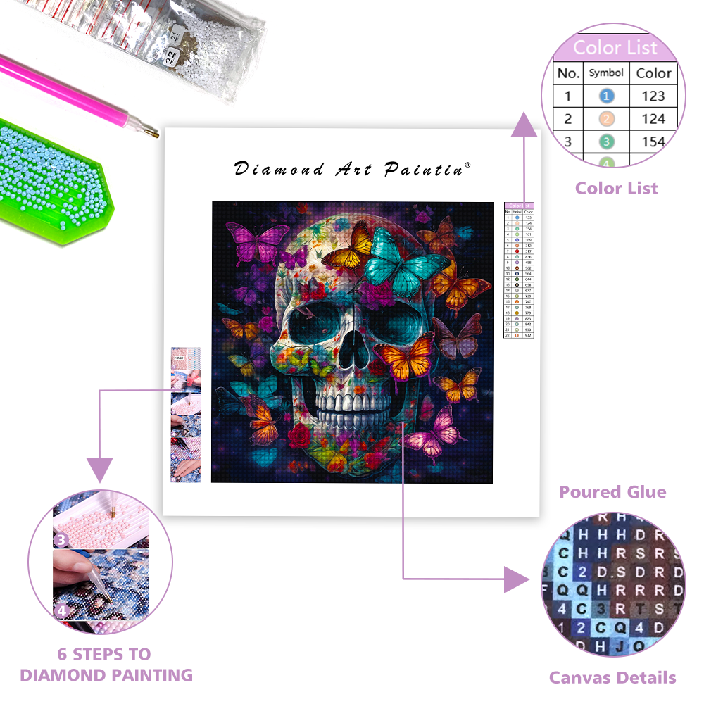 Skull With Colorful Butterflies - Diamond Painting