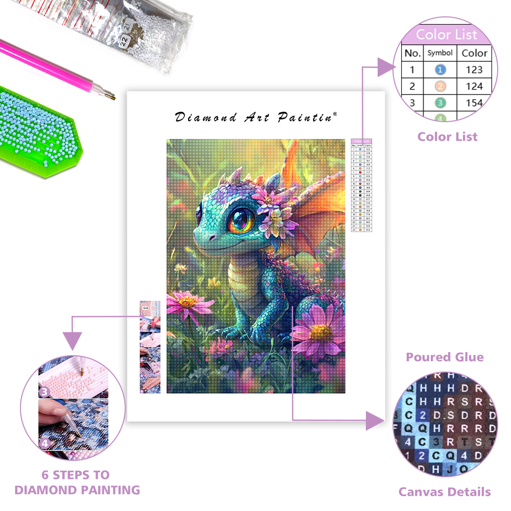 Colorful Dragon Amidst Blossoms - Diamond Painting