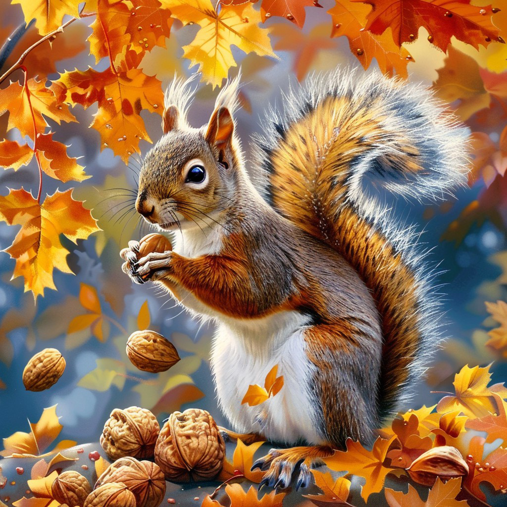 Squirrel In Autumn Leaves - Diamond Painting