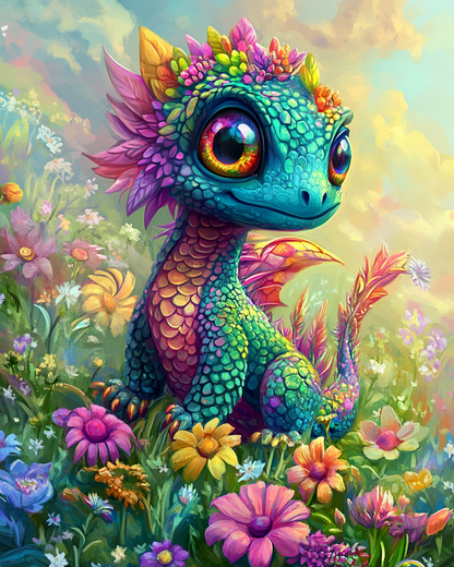 Enchanting Rainbow Dragon in Bloom - Diamond Painting