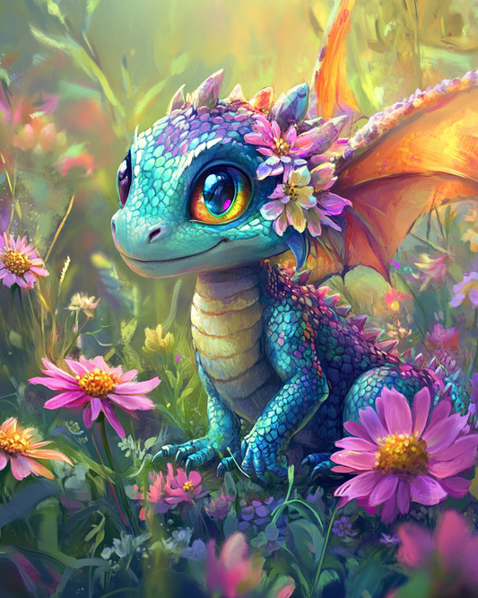 Colorful Dragon Amidst Blossoms - Diamond Painting