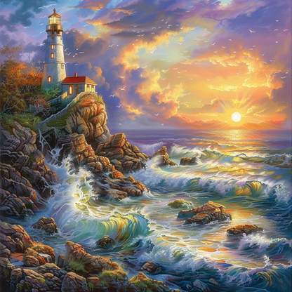 Ocean Waves And Lighthouse - Diamond Painting