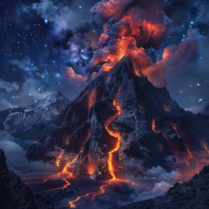 Erupting Volcano At Night - Diamond Painting