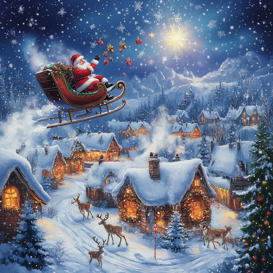 Santa's Sleigh Over Snowy Village - Diamond Painting