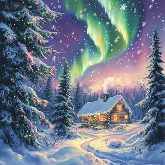 Northern Lights Christmas Cabin - Diamond Painting