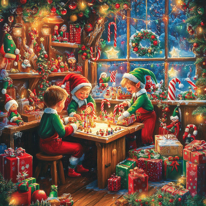 Christmas Elves Working - Diamond Painting