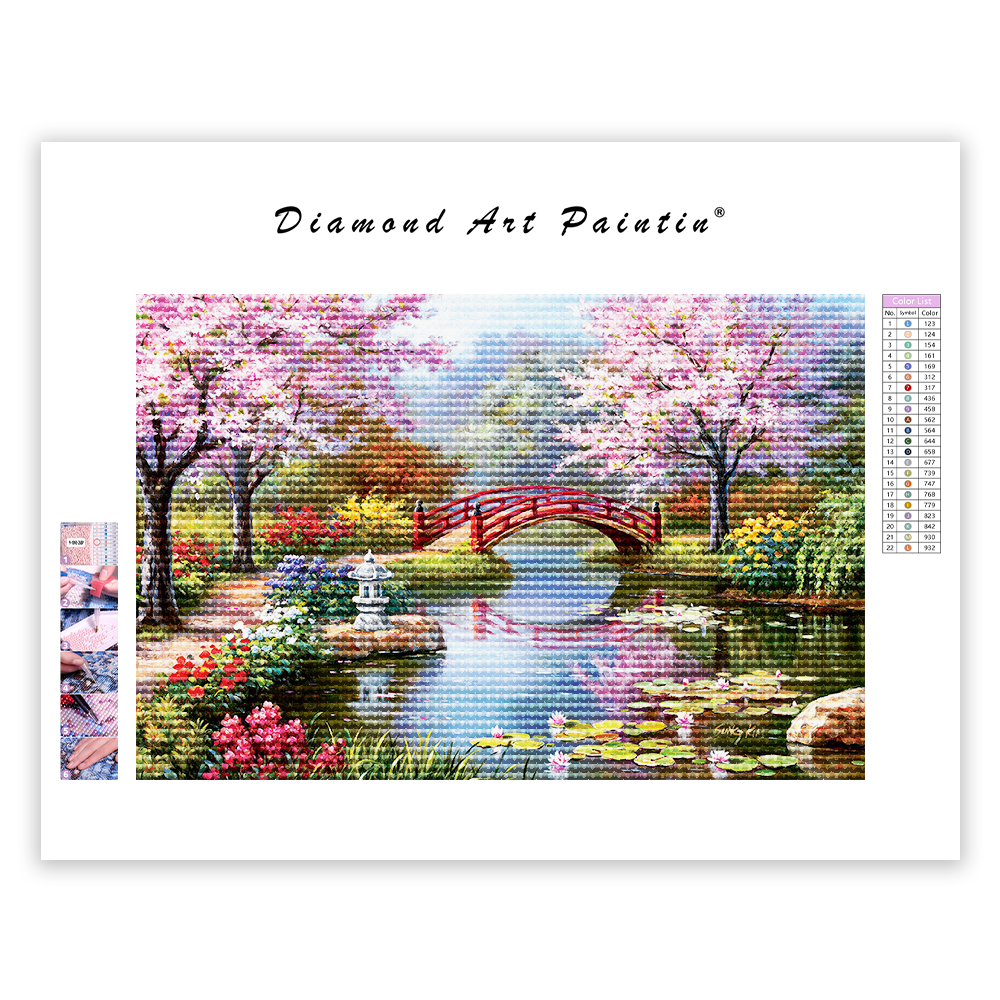 Cherry Tree Bridge River Flowers - Diamond Painting