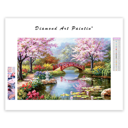 Cherry Tree Bridge River Flowers - Diamond Painting