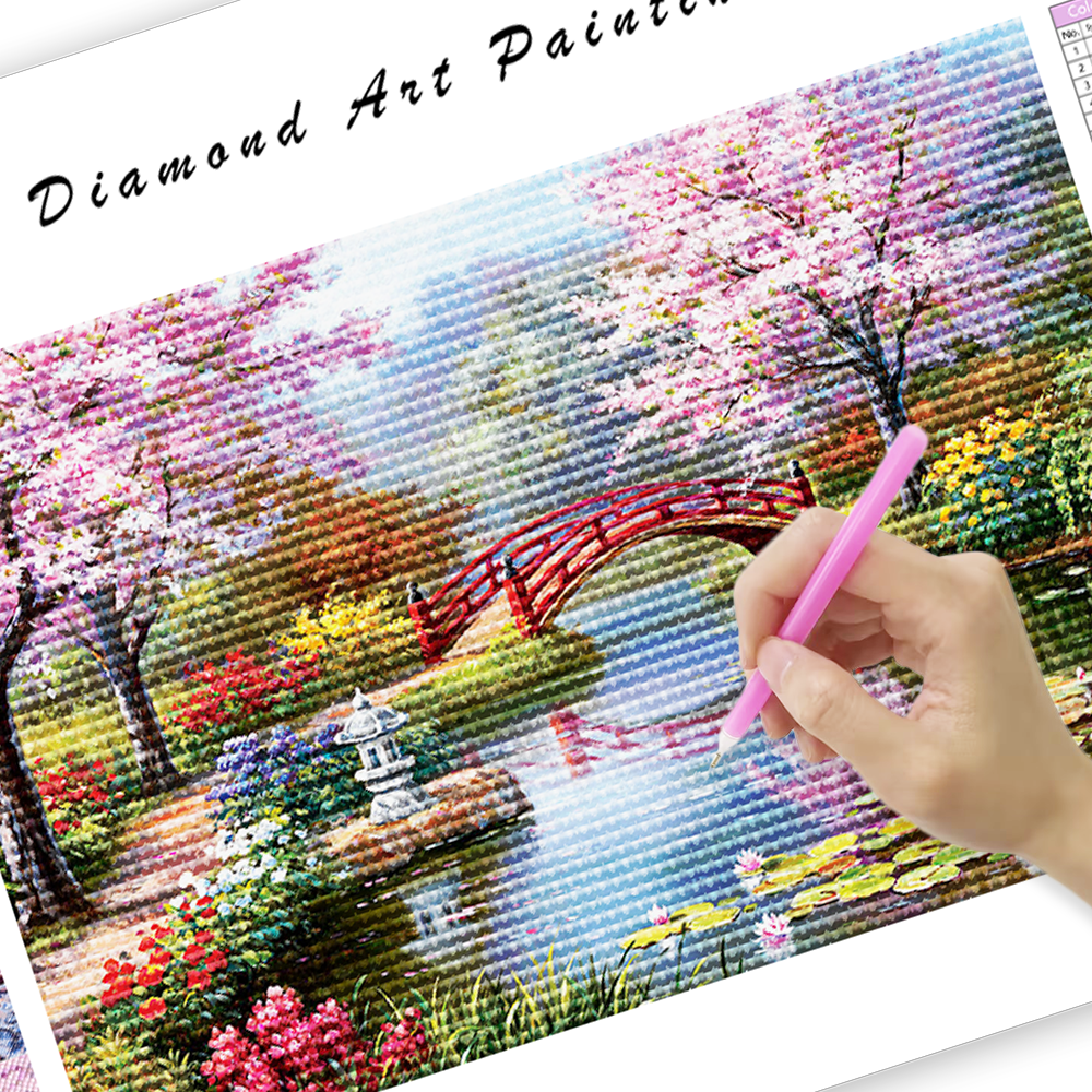 Cherry Tree Bridge River Flowers - Diamond Painting