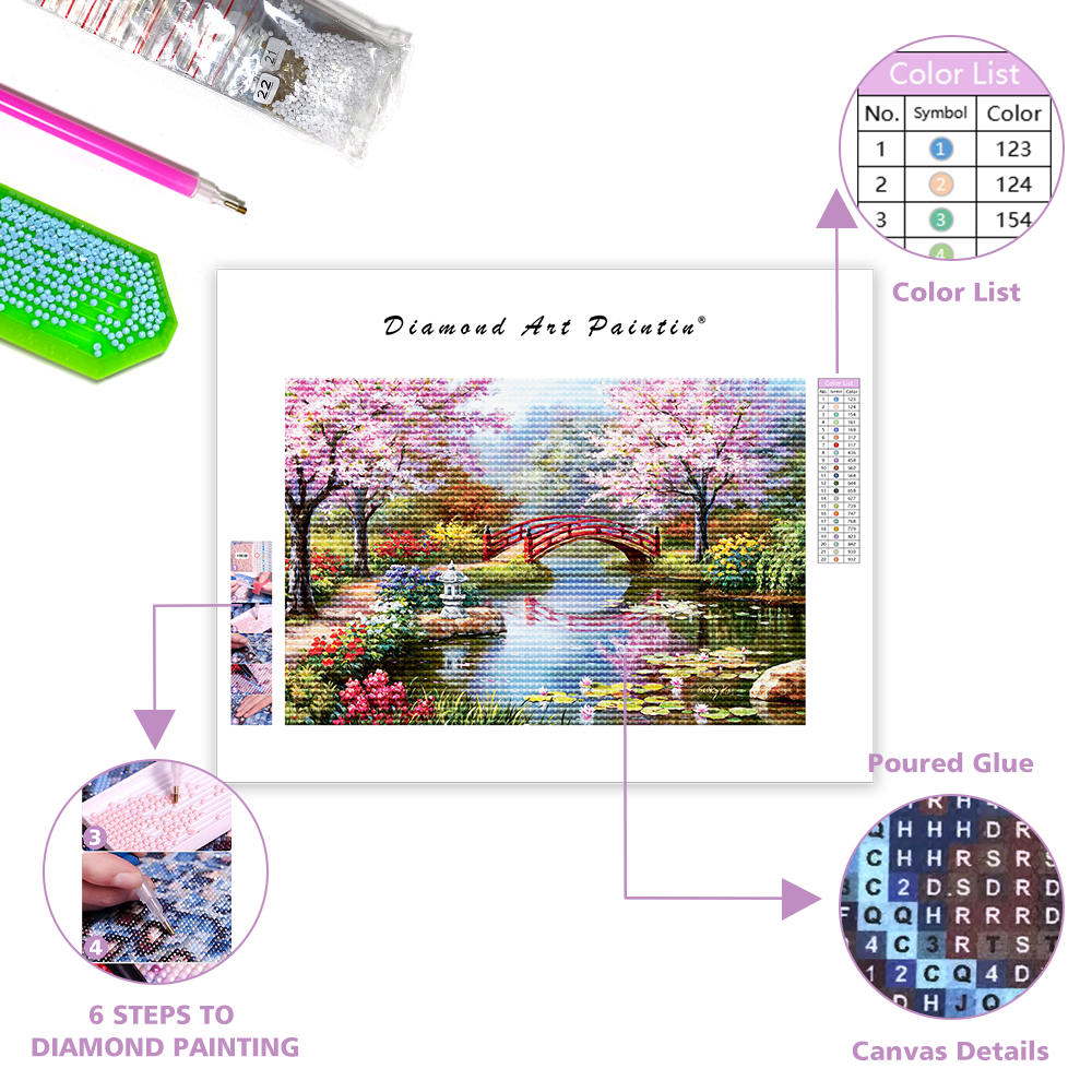 Cherry Tree Bridge River Flowers - Diamond Painting